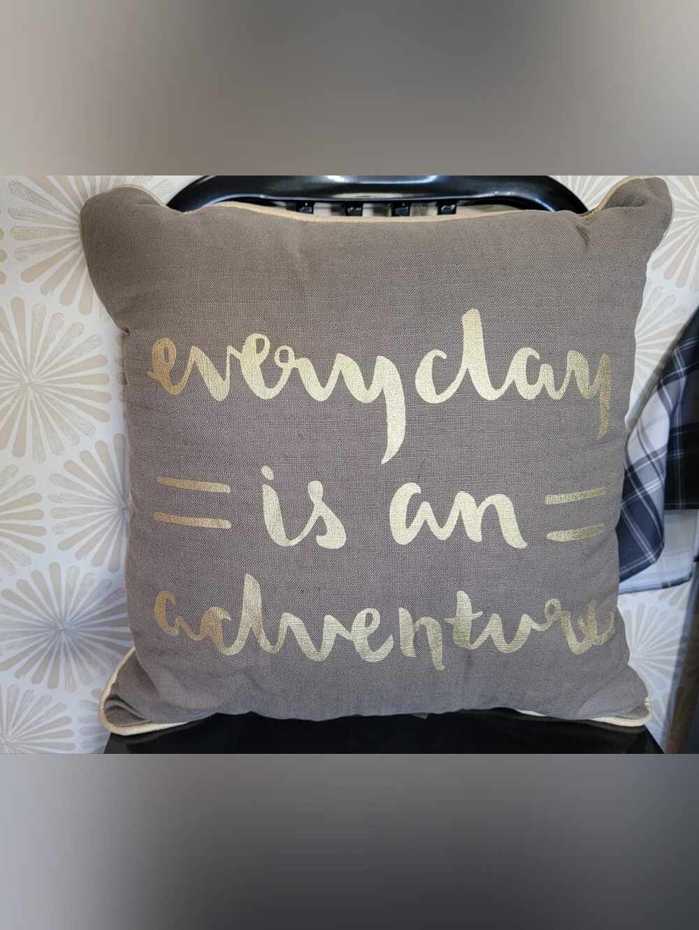 Room Essentials Taupe Pillow with Gold Script 'everyday is an adventure'